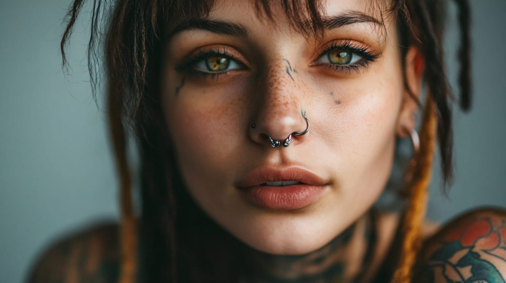 stylish young woman with body tattoos nose piercing dreadlocks